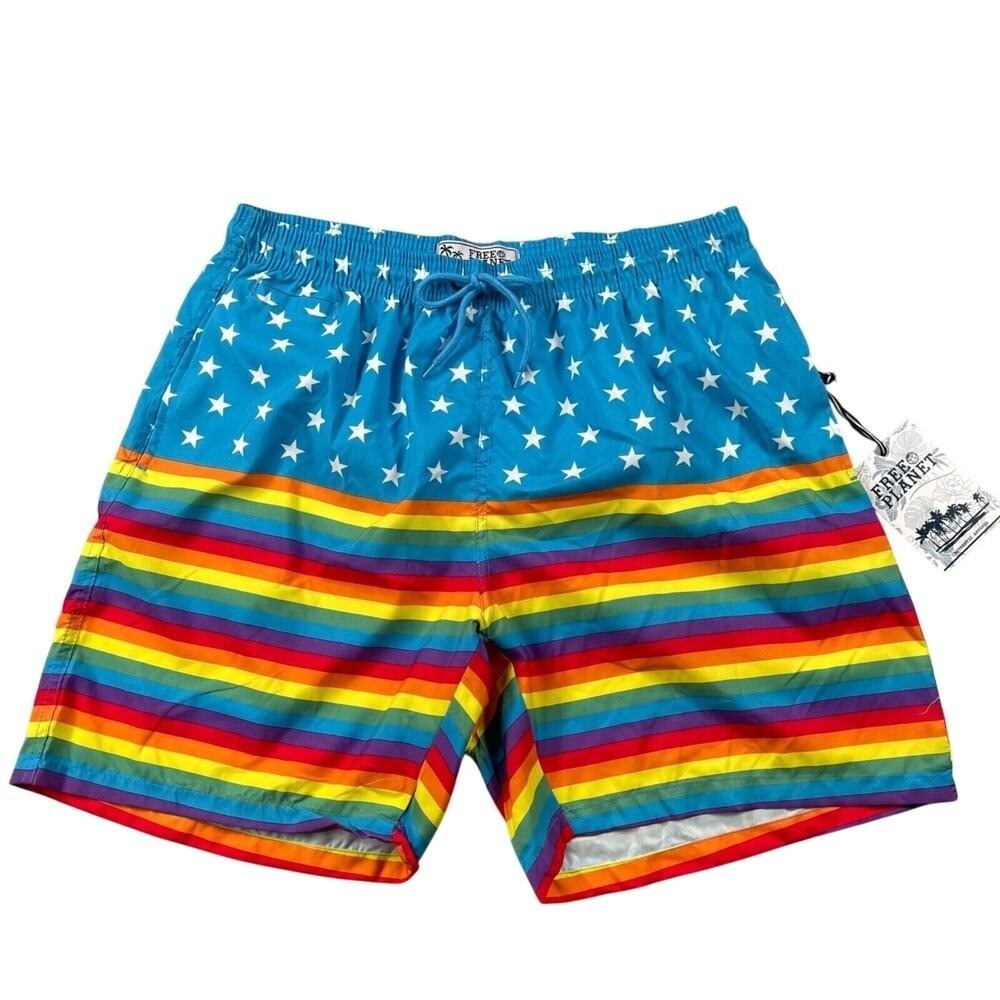 Free Planet Swim Trunks Mens XL Blue Star Rainbow Stripe Pride‎ Mesh Lined